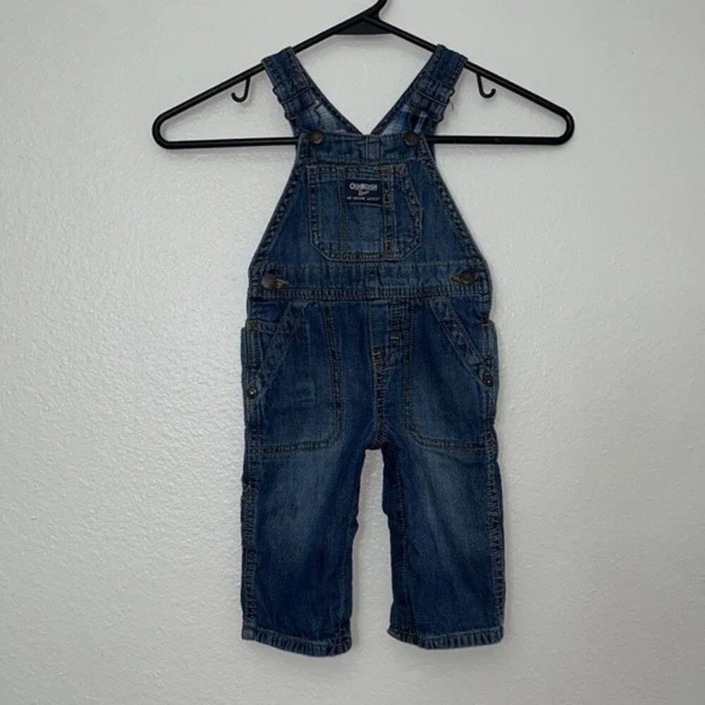 OshKosh B'Gosh Denim Toddler Overalls Denim Blue Plaid Lining 9 Months